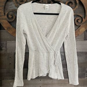 Faux Wrap Top Tie V Neck Pin Stripe Boho Preppy Minimalist Blouse